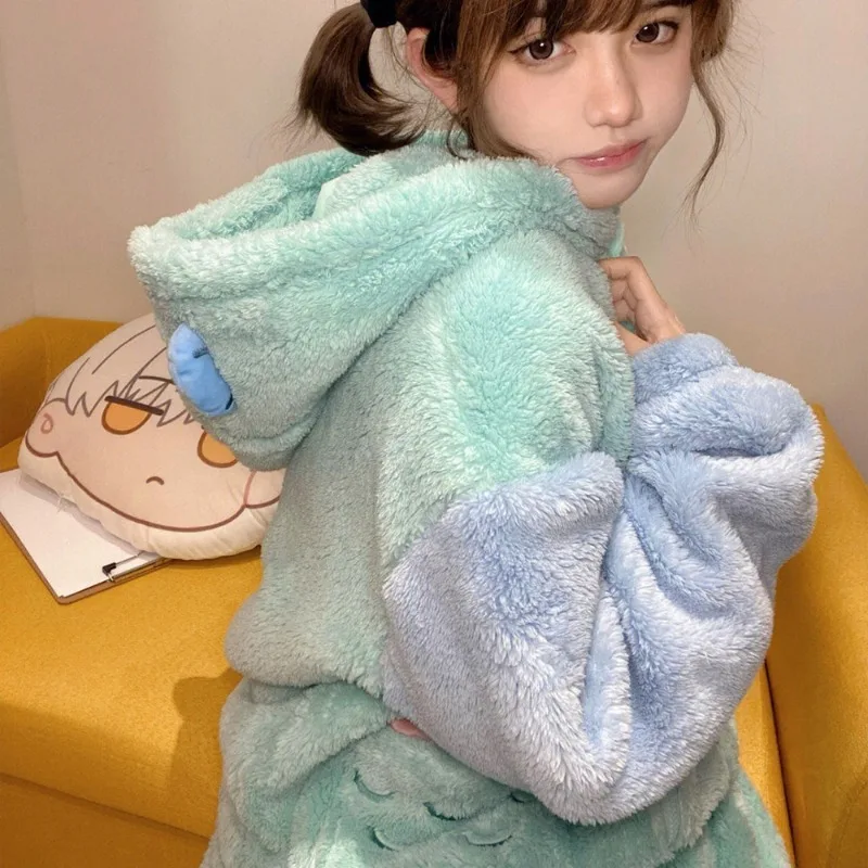 Cartoon Hangyodon Plush Siamese Pajamas Hooded Jumpsuit Pajamas Sanrio Anime Kawaii Coral Velvet Homewear Thickened Nightgown