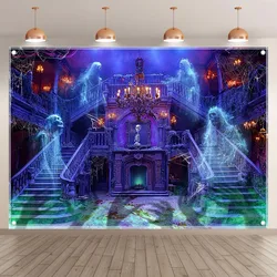 Purple Halloween Haunted house background fabric design ghost staircase photography background, suitable for party decoration