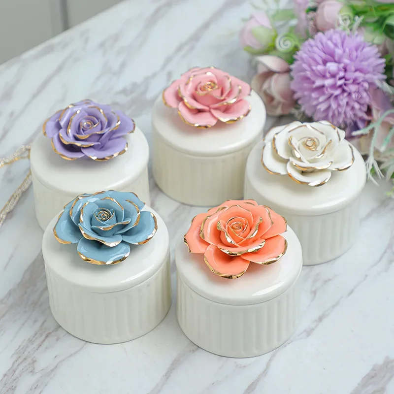 Nordic Square Round Storage Box Cosmetic Jewelry Box Ceramic Hand-painted Gold Rose Candlestick Jar Home Decoration Gift