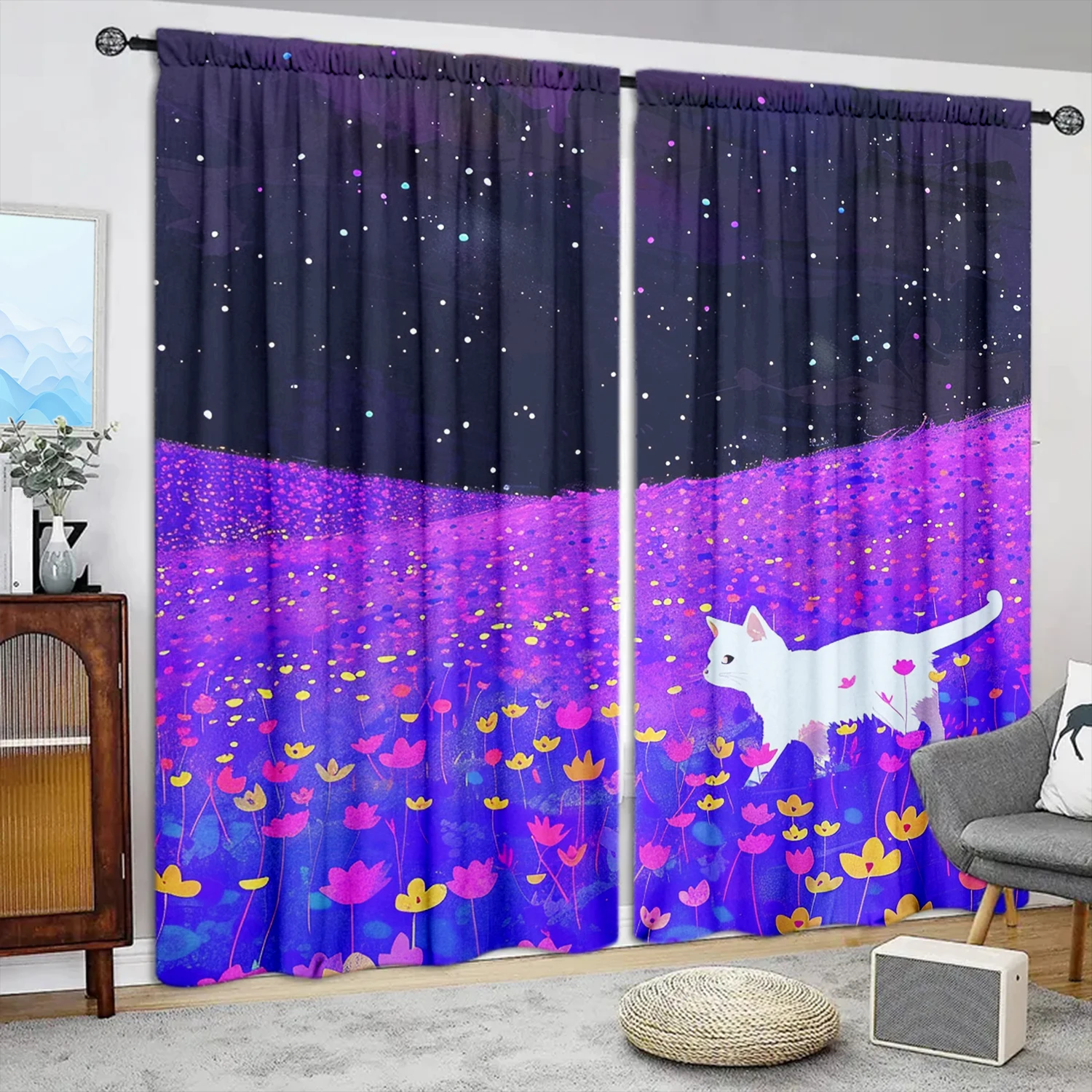 

2 шт. фиолетовые цветы и занавеска с принтом кота для домашнего декора - карман стержневым карманом для обработки окон для спальни, офиса, кухни