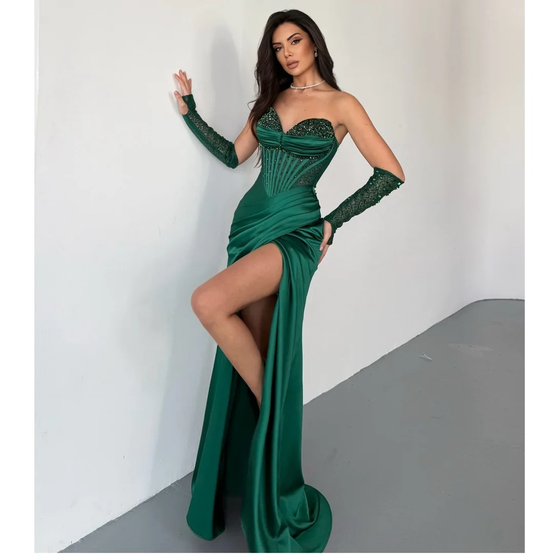 새틴 플리츠 이브닝 드레스 사이드 슬릿 스팽글 웨딩 파티 드레스 맞춤형 탈부착 가능한 소매 우아한 코르셋 베스티도스