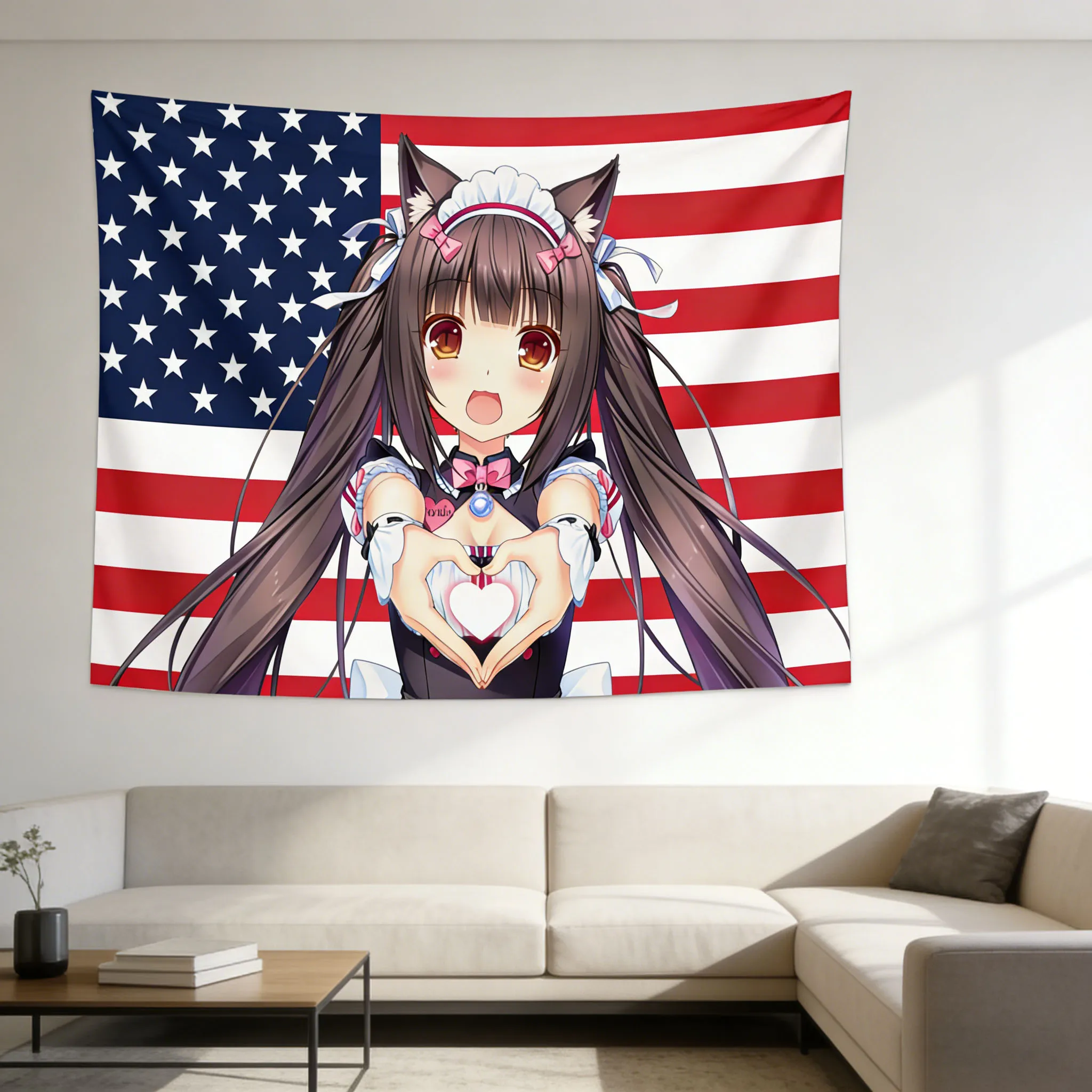 N-NEKOPARA Niedlicher Mädchen-Wandteppich, Heimdekoration, Hintergrundstoff, Wandteppich-Design mit amerikanischer Flagge, Geschenk für Fans und Studenten. – Detail 5