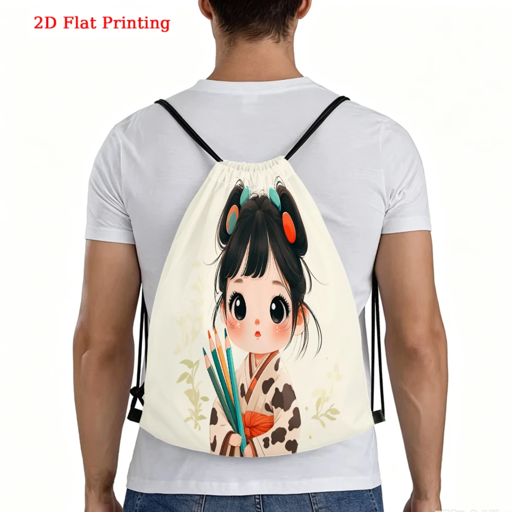 Cute Cartoon Style, Drawstring Backpack, 2D Flat Printing Girl Pattern, Fitness Sports Bag, Outdoor Travel Drawstring Pack