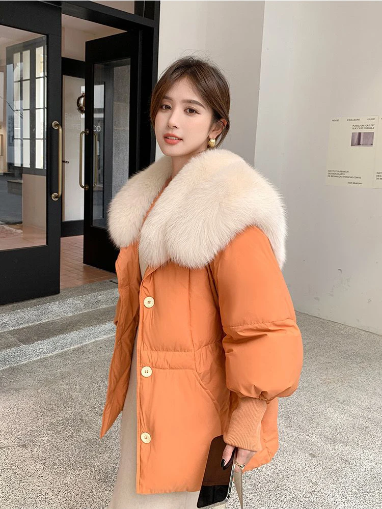 2024 Winter New Big Fur Collar White Duck Down Puffer Fur Snow Parka Medium Length Coat for Women Warm Thicken Loose Jacket