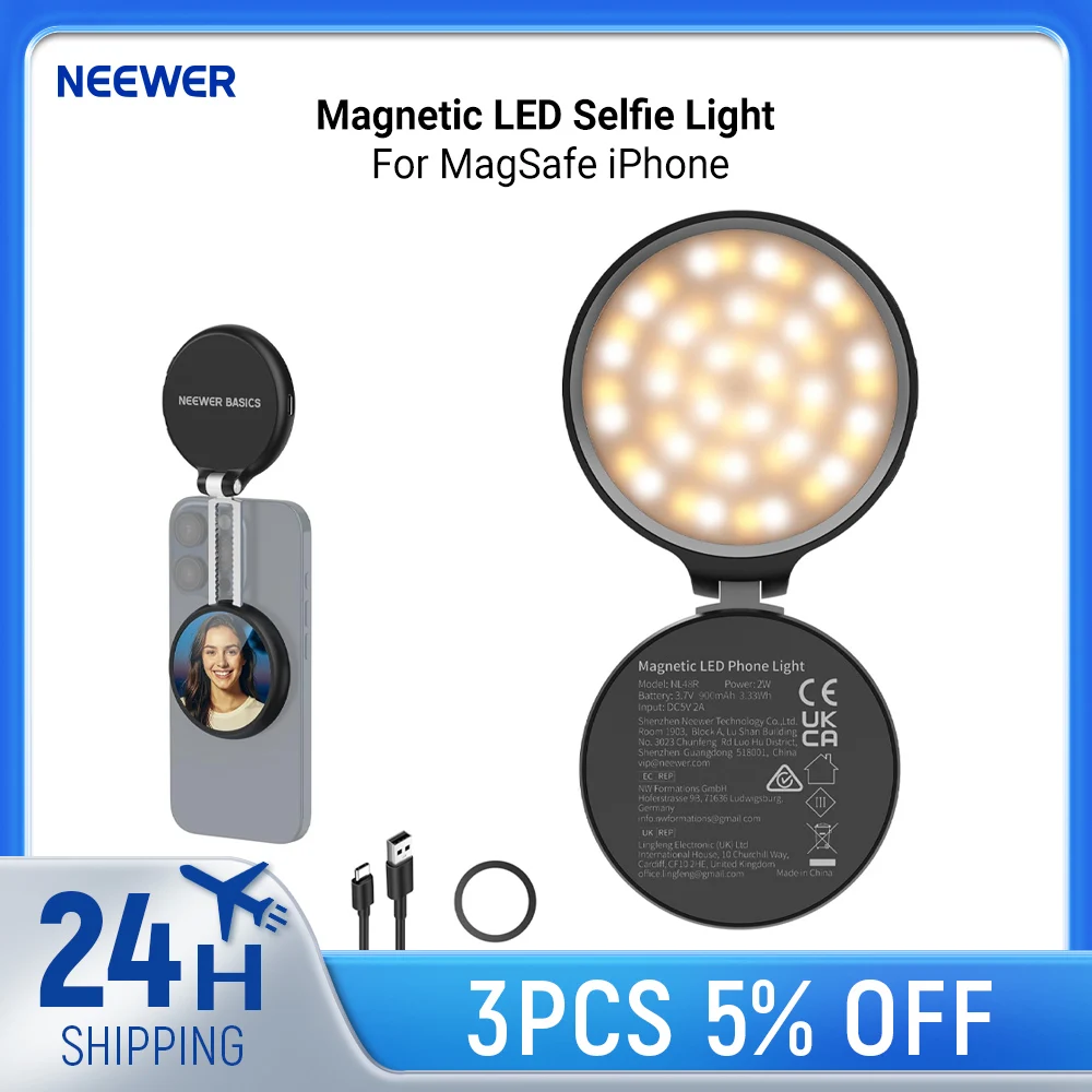 NEEWER Basics Magnetyczna lampa LED do selfie kompatybilna z MagSafe iPhone, uchwyt na telefon z podstawką biurkową i lu...