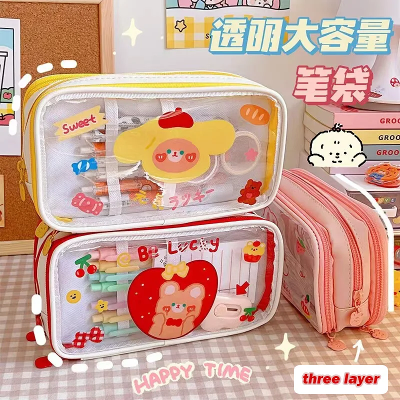 estojo transparente de grande capacidade bolsa dos desenhos animados bolsa de lapis impermeavel para meninas artigos de papelaria kawaii camadas 01