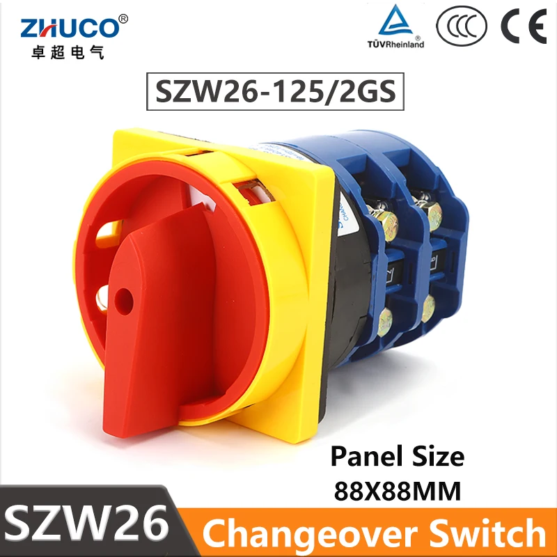 ZHUCO SZW26-125A 2GS 88X88mm Panel Universal Changeover Power Cut-off Padlock 2 Position 2 Phase 8 Screws Cam Selector Switch