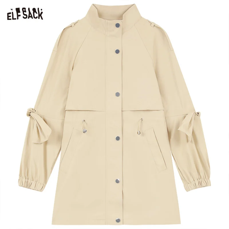 ELFSACK OL style office solid color lapel drawstring windbreak coat for women 2024 spring new casual simple style button mid lon