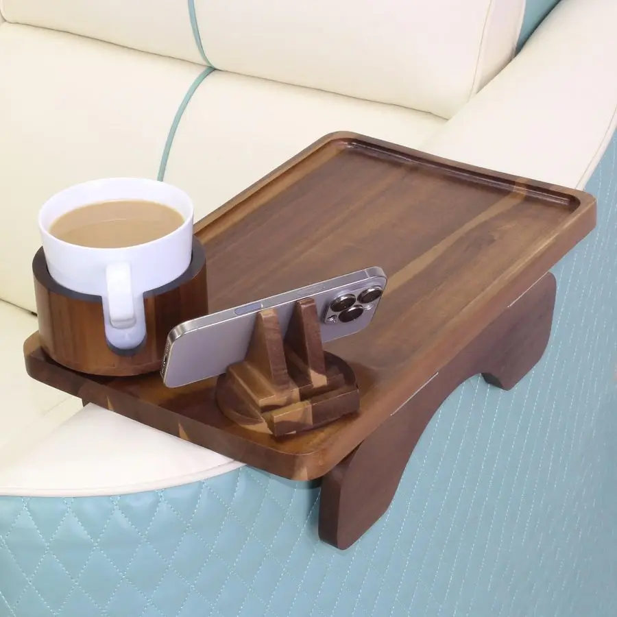 

Armrest Table with Oversized Cup Holder amp DualTower Phone Stand 3in1 Sofa Arm Tray, Acacia Wood Couch Arm Table with 360 Rotat