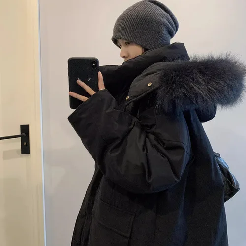 เสื้อแจ็คเก็ตดาวน์มีฮู้ดแต่งขนเฟอร์สีดำขนาดใหญ่ UMI MAO อุ่นสบาย ต้านทานความหนาวเย็น สไตล์เกาหลี หนา ใหญ่ สวยงาม สไตล์ตะวันตก