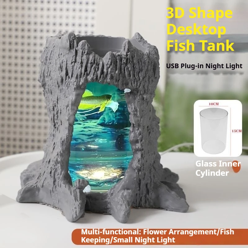 

Tree stump detachable fish tank, with USB night light bucket fish tank, desktop creative vase, small children's fish tank