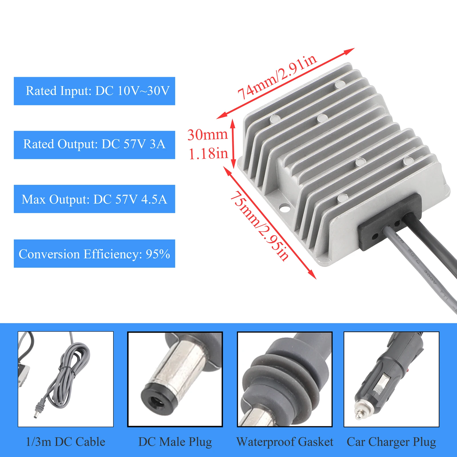 DC Converter Car Charger 12/24V to 57V 4.5A for Starlink Gen3, DC Male Plug with 5/10/15/20m DC Male to Female Extension Cables