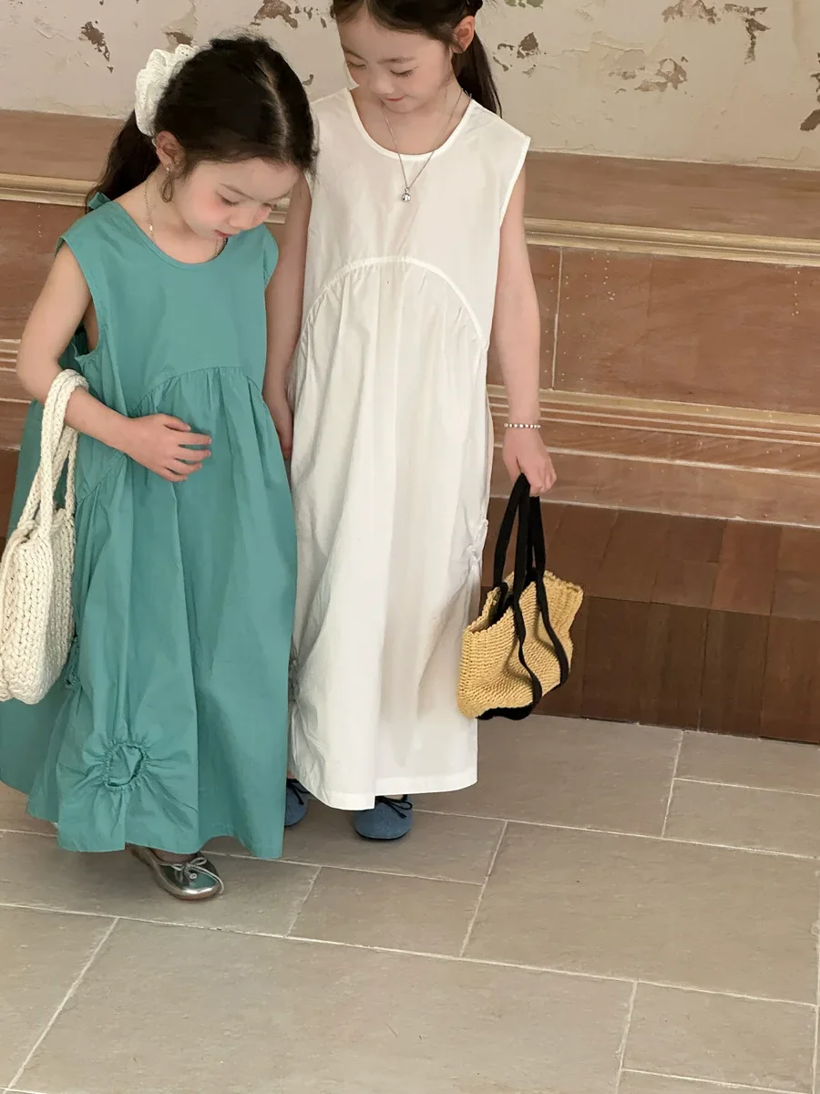 

New 2025 Big Girl Casual Dresses Maxi Long White Blue Girls Summer Dress Loose Sleeveless Tween Clothes