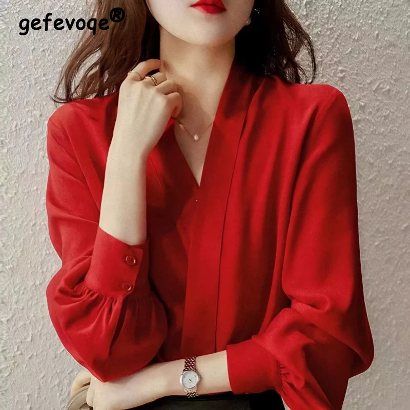 Camicetta in Chiffon a maniche lunghe con scollo a V moda coreana da donna camicetta Casual da lavoro elegante da donna primavera autunno rosso top