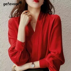 Women's Korean Fashion V Neck Long Sleeve Chiffon Blouse Office Lady Elegant Business Casual Shirt Spring Autumn Red Loose Tops