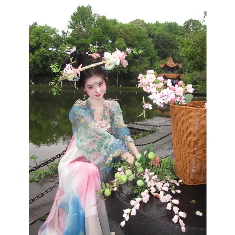 Tang Dynasty Hanfu chest-length skirt floral cardigan national style fairy style elegant little Tang style suit spring andsummer