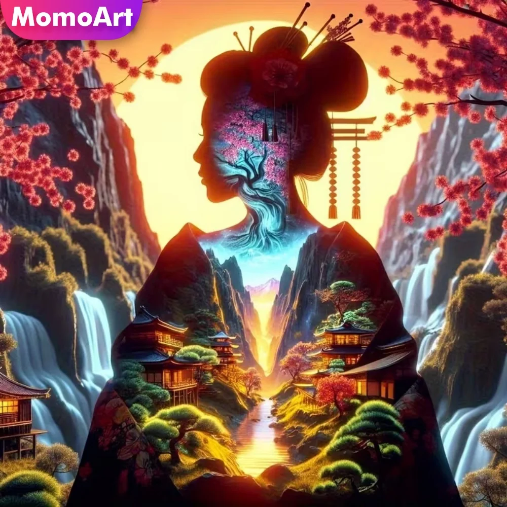 Momoart Vollquadratisches Rundes Diamant-Mosaik Berg-Wasserfall-Landschaft Kreuzstich DIY Diamantmalerei Frau Abstrakte Wandkunst