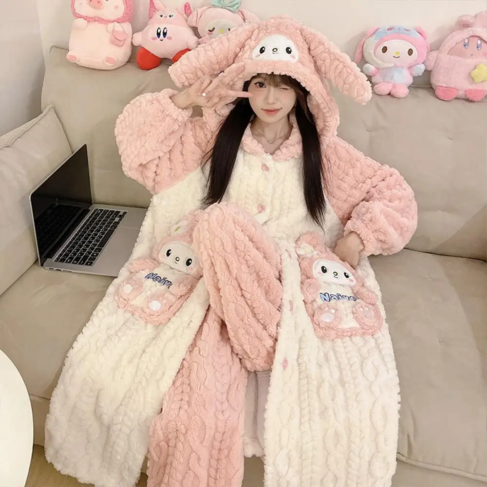 سانريو Kawaii 2 قطعة بلدي ميلودي المرأة الشتاء أفخم بيجامة مجموعة الكرتون الشتاء رشاقته رداء حمام بقلنسوة فتاة ملابس المنزل الدافئة لطيف
