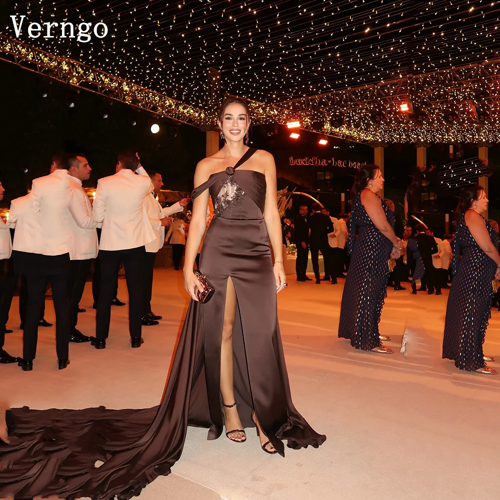 

Verngo Brown Crepe Evening Dress One Shoulder A Line Side Slit Formal Occasion Dress Elegant Lace Prom Party Gowns Customized