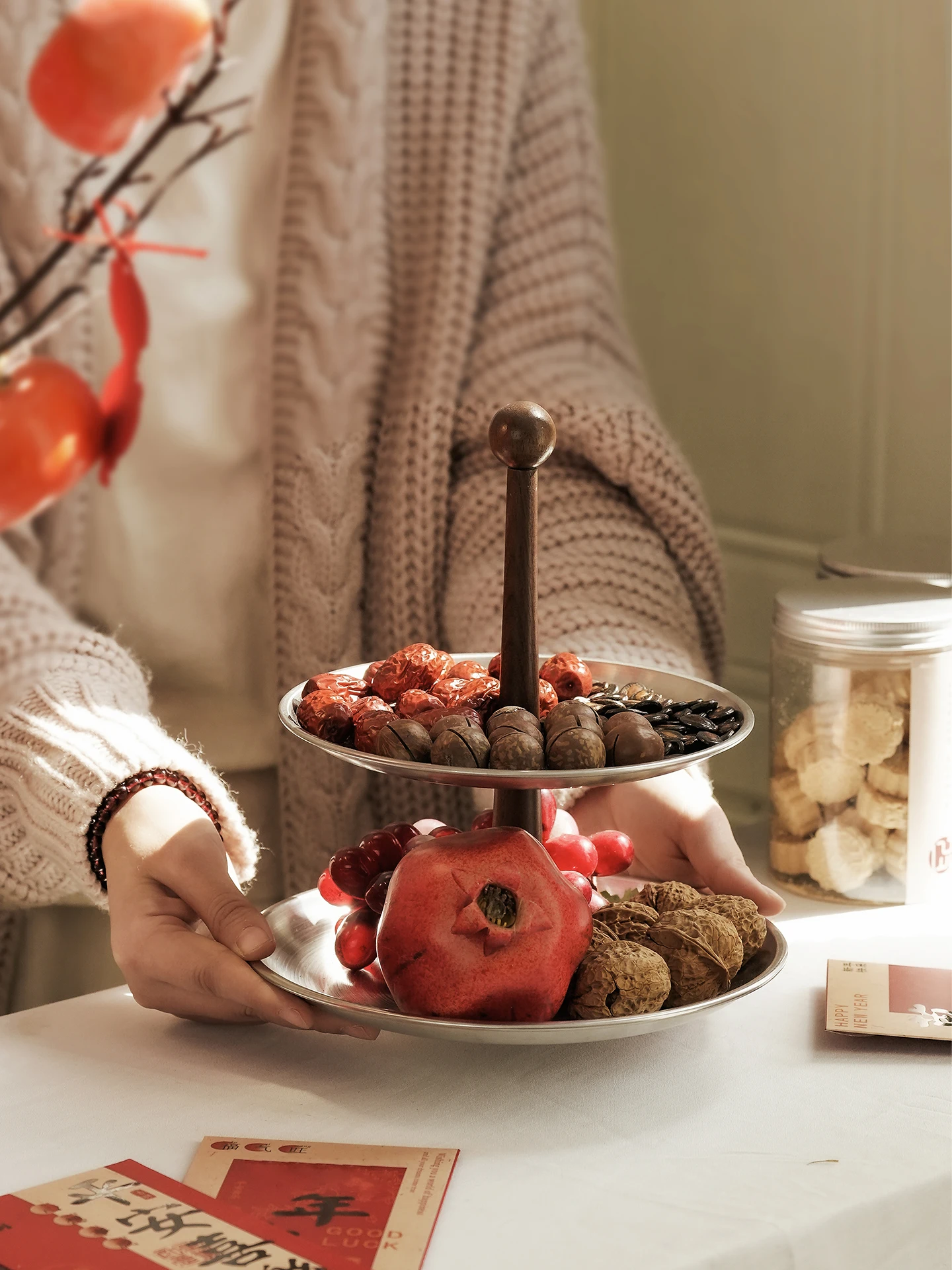 

Elegant Double Layer round Tray for Living Room Nuts Tea Snacks Luxury Home Use High Aesthetic Value New Model Wooden Material