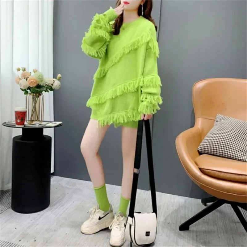 DAYIFUN-Women's Long Sleeve Loose Knitted Pullovers Korean Sweaters Round Neck Fringed Jumpers Female Clothing Autumn Winter New