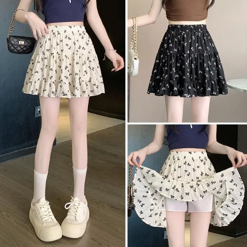 Spring Summer Woman Skirt Sweet Cute Elastic Waist Sexy Short Pleated Skirts Girl Printed Black Halfskirt College Style
