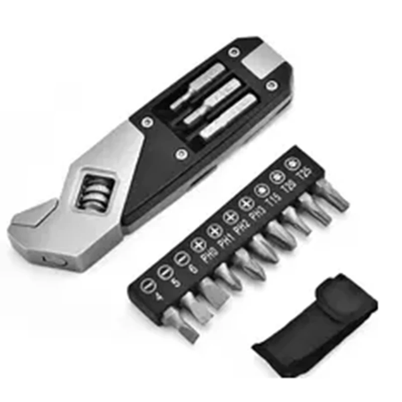 

17-In-1 Stainless Steel Adjustable Wrench Foldable Pocket Multi Tool Multifunctional Spanner Screwdriver Bits Kit Durable Black