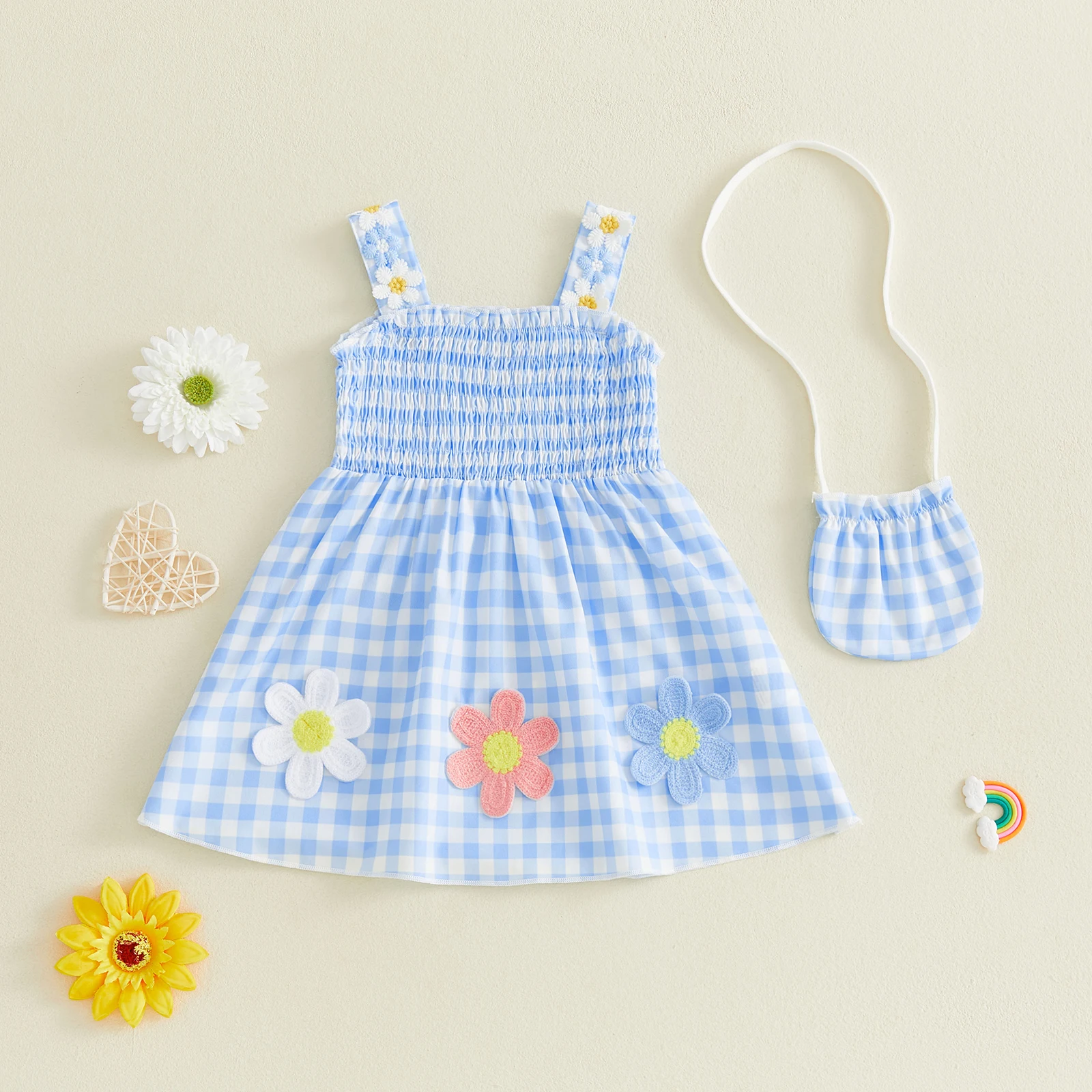 1-4Y Little Girls Summer Dress Adorable Flower Applique Sleeveless Square Neck Plaid Dress with Matching Bag Set
