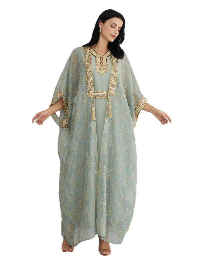

Ramadan Middle East Islamic Moroccan Robe Women's Robe Dubai Muslim Saudi Arabia Embroidered Cardigan Vest Set Skirt