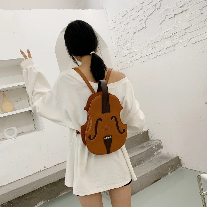 Women Violin Shape PU Leather Backpack Purse Fashion Handbag Travel Daypack College School Rucksack E74B