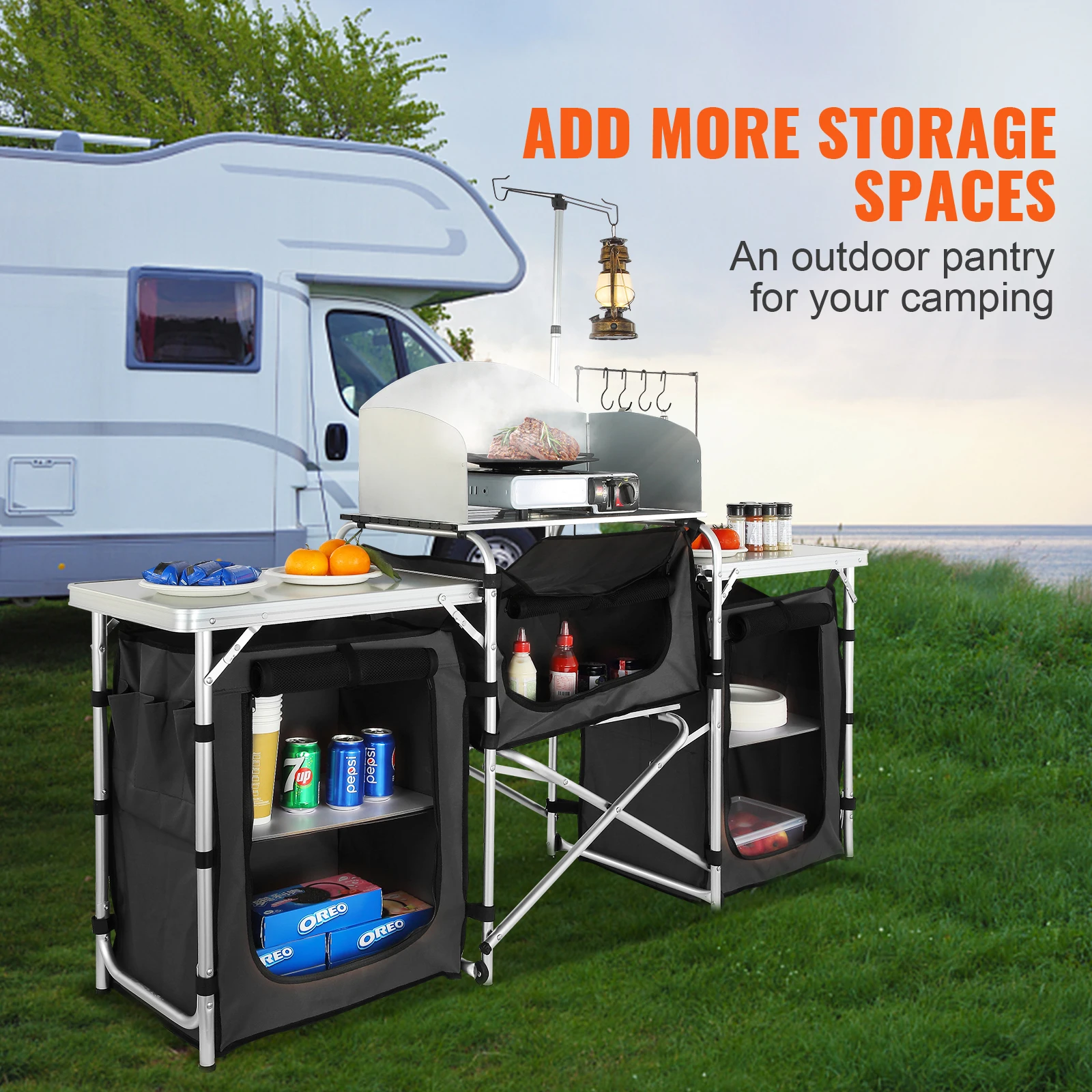 SucceBuy Camping Kitchen Table Cabinet Folding Cooking Storage Rack X-Shaped Aluminum Alloy Bracket for BBQ Picnic Garden Table image 3