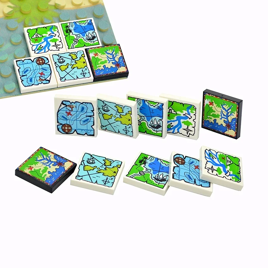 Map Building Blocks MOC Printed Navigation Nautical Map Treasure Map Accessories 10pcs 5 Styles 3068 2x2 bricks Toys