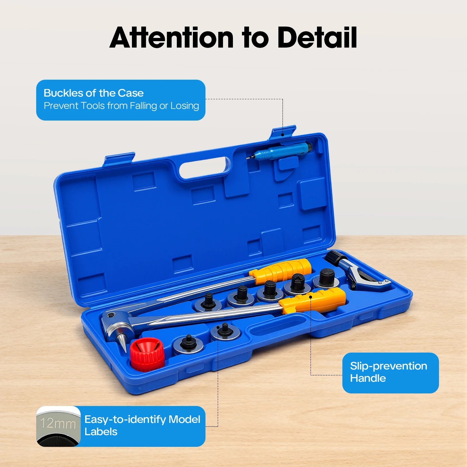 Kit d'extension de tubes robuste, ensemble d'outils d'expansion de tuyaux à 7 têtes, Kit d'évasement manuel de tubes en cuivre pour la réparation de réfrigération Hvac