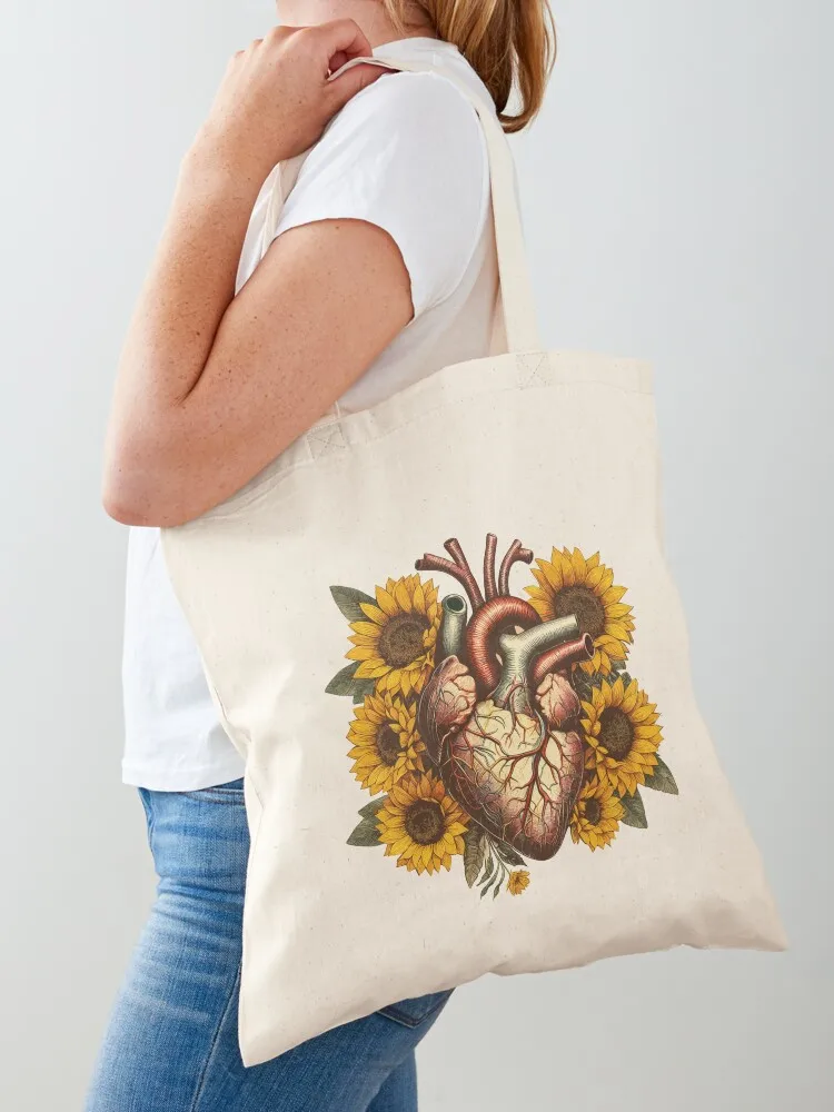 Floral botany Human heart, Vintage anatomy style, sunflowers Watercolor, human heart, anatomy art, student, doctor, med Tote Bag