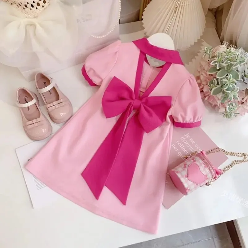 

Girls' Back Hollow Out Bow Dress 2024 New Summer Korean Style Sweet Pink Children's Short Sleeve Turn-down Collar Dress