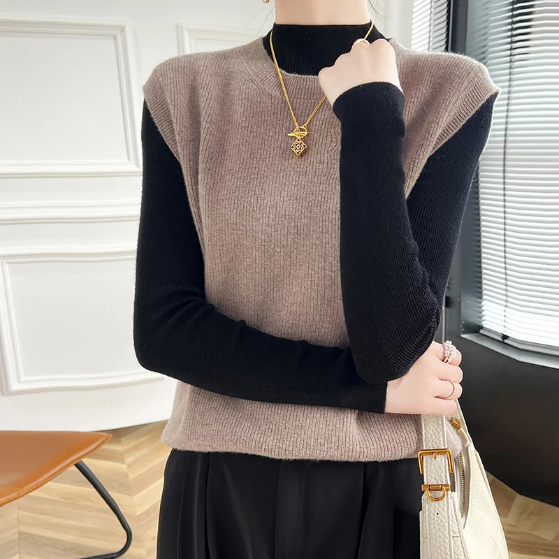 Женский мягкий 100% мериносовая шерсть, модный однотонный вязаный жилет с круглым вырезом, свитер без рукавов, мягкий пуловер, кашемировый базовый топ