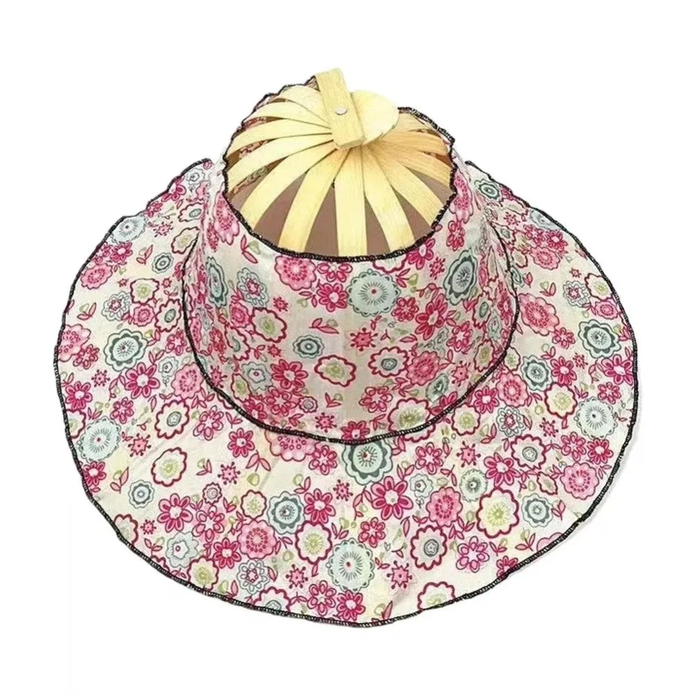 

Wide Brim Folding Fan Hat Floral Printed Foldable Fan Sun Hats UV Protection Chinese Style Bamboo Sunscreen Cap for Travel