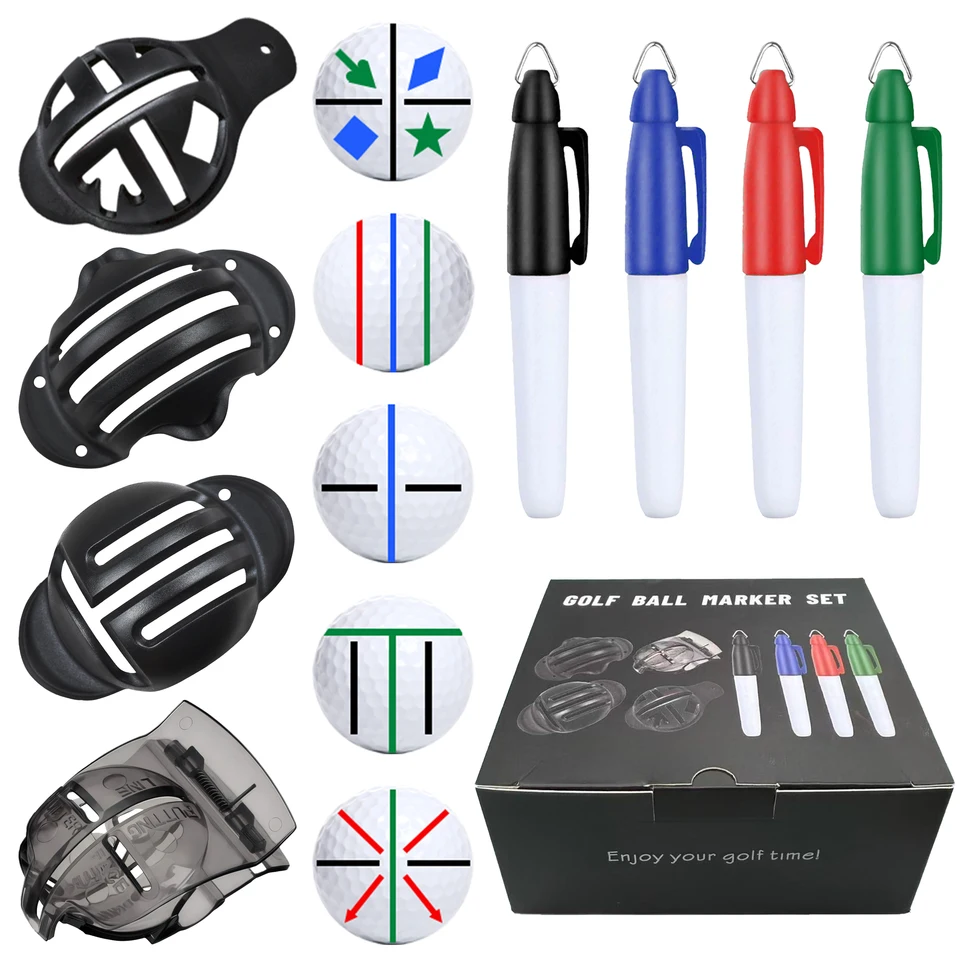 정밀 조준 및 개인 마킹을 위한 8PCS 골프 볼 마커 키트, 볼 마커 템플릿 4개와 컬러 마킹 펜 4개 포함