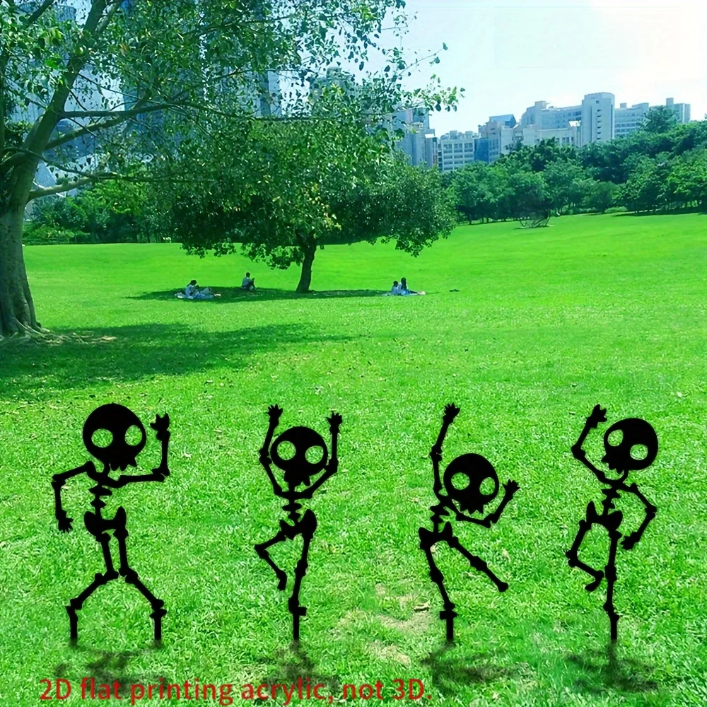 4pcs 2D Flat Printing, Dancing Skeleton Garden Stake Set, Halloween Decoration, Black, Outdoor Lawn Ground Plug Easy to Install