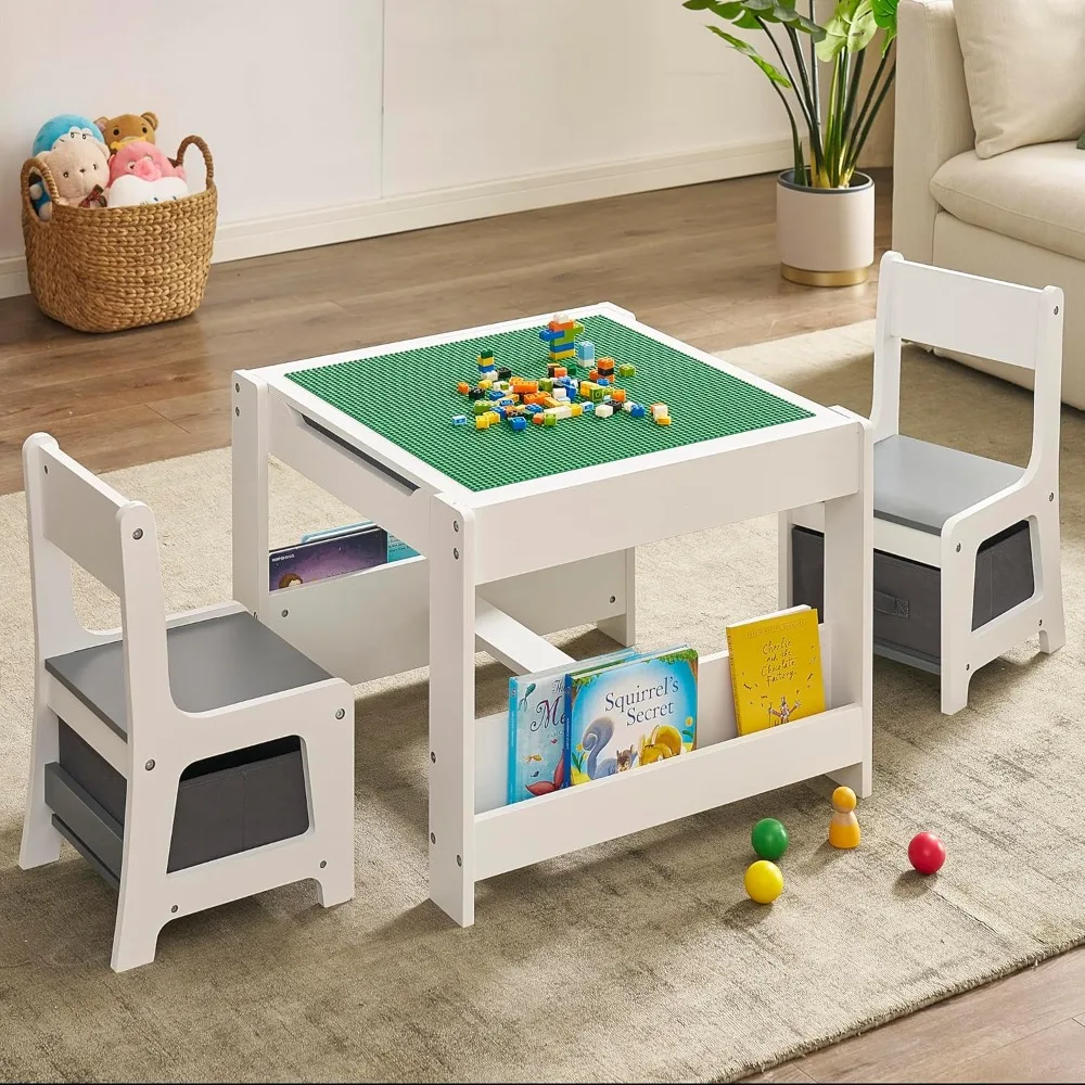 4 in 1 Wooden Activity Table with Bookshelves and Storage Drawer, 2 in 1 Detachable Tabletop Construction Play Tables