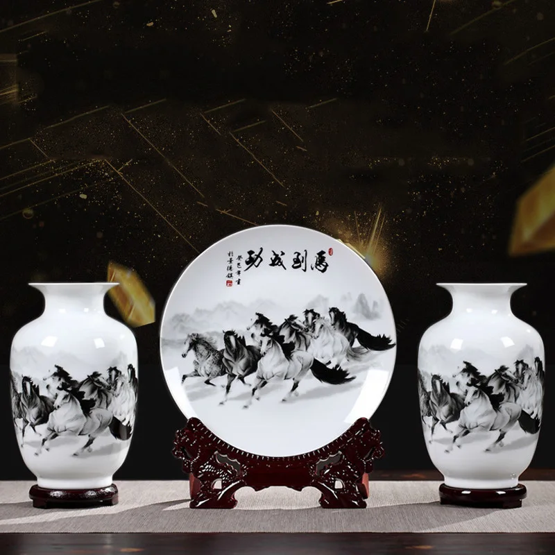 

Chinese Fengshui Ceramic Vase+Plate Ornaments Home Livingroom Table Statues Decoartion Cafe Desktop Figurines Crafts Accessories