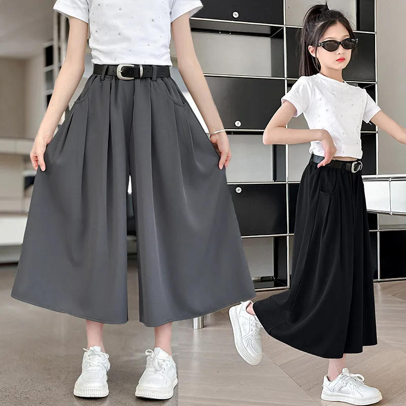 Girls Trousers Culottes 2024 Summer New Children Fashion Loose Pants Big Children Fashion Wide-leg Pants Korean Simple Style