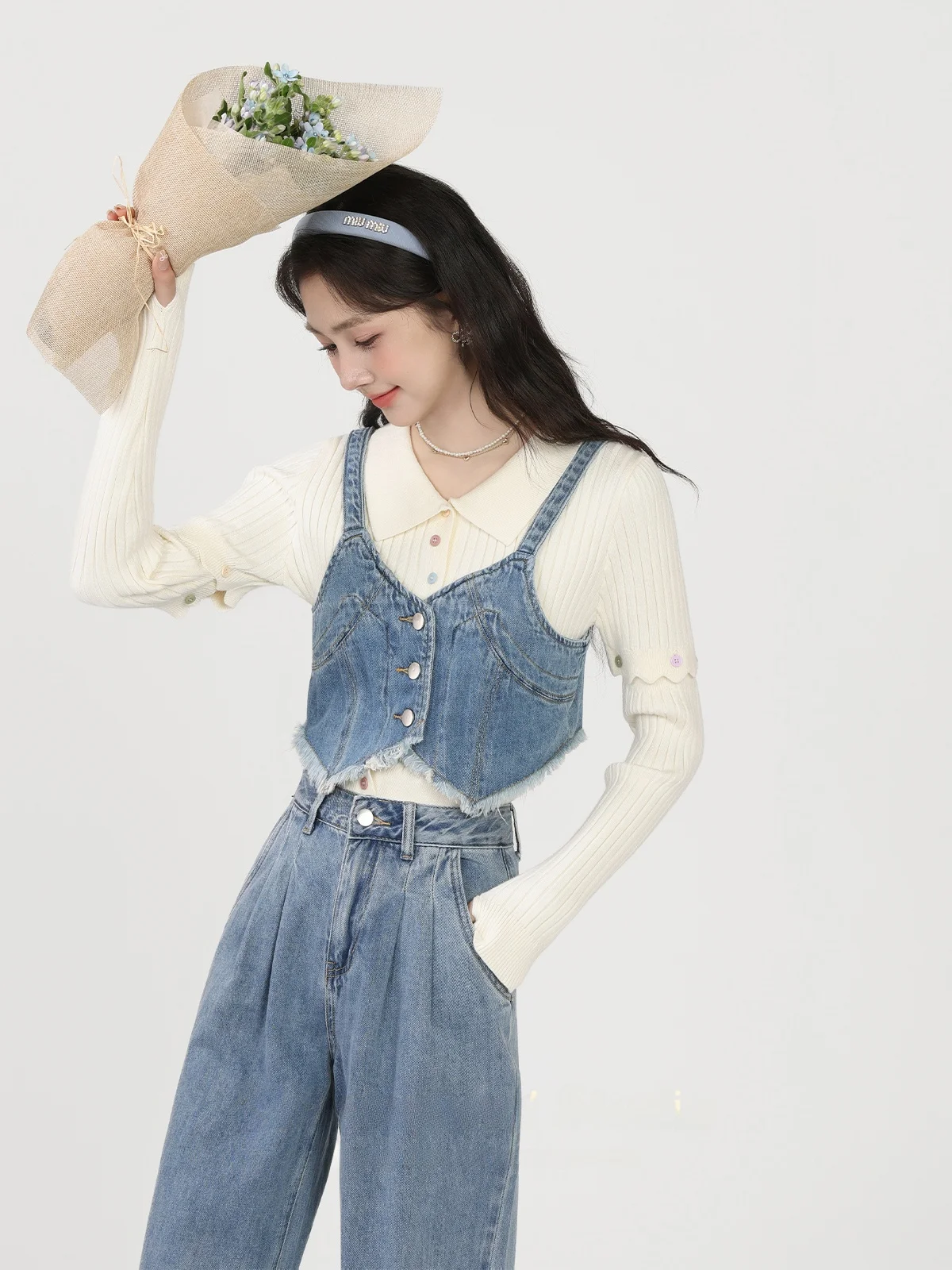 

Autumn Faion Knitted Sweater Denim Vest Wide Leg Pants Unique Super Beautiful Set Women's Casual Sle Long Sve Button up