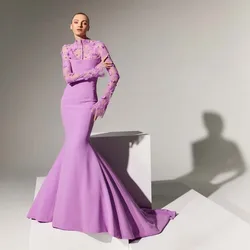 Elegant Purple Evening Dresses Long Sleeve High Neck Lace Mermaid Chapel Train Special Occasion Luxury Prom Dress Vestidos 2024