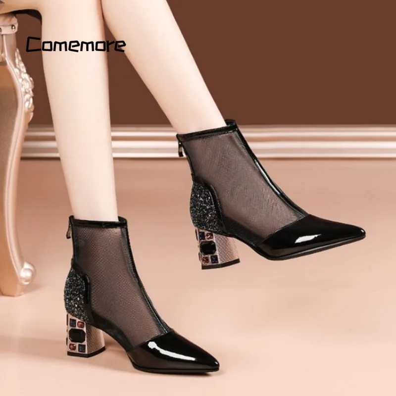 Comemore Fashion Party Crystal High Heels Shoes Sexy Classic Booties Woman Heel 2023 New Summer Women Chunky Ankle Mesh Boots 40