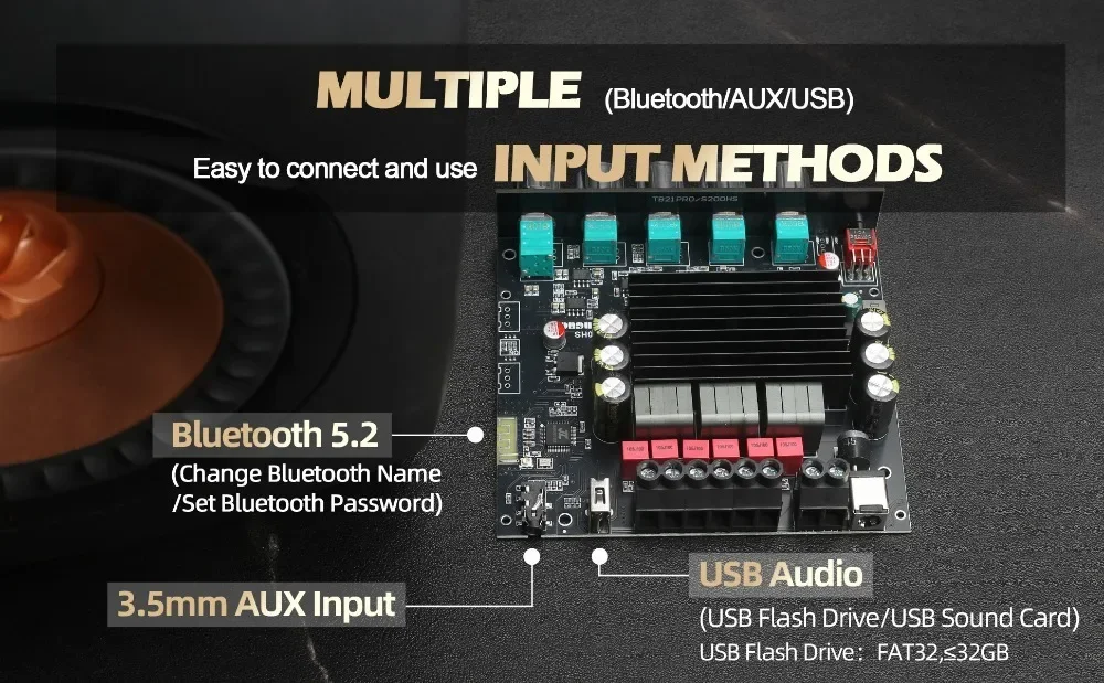 2*100W+200W Bluetooth Power Amplifier Board 2.1 Sound Card Subwoofer Theater Audio Stereo Equalizer Amp