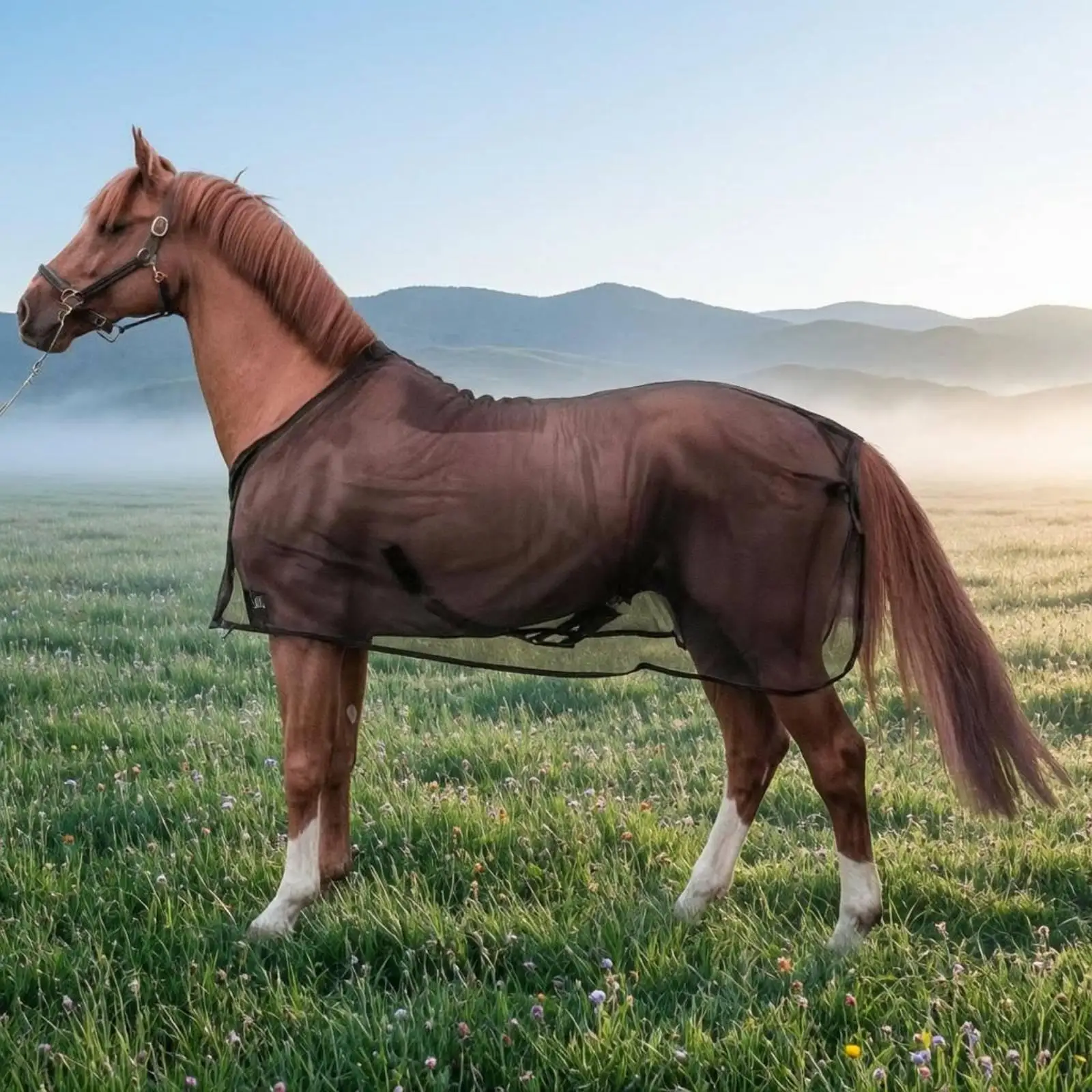 Outdoor Horse Sunscreen Blanket with Mesh Fabric and Neck Opening for Full Body Coverage in Summer Paddock Use