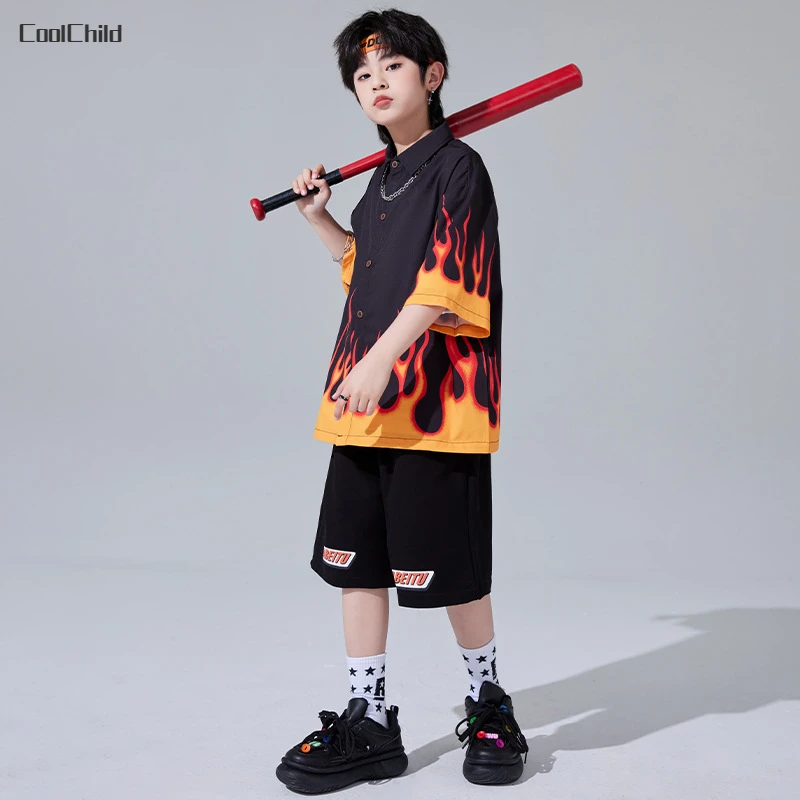 Boys Hip Hop Short Sleeved Flame Shirt Street Dance Cargo Shorts Girls Fire Blouse Children Summer Streetwear Kids Clothes Sets