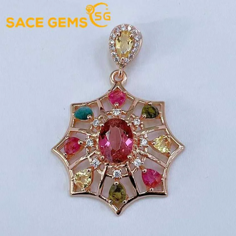 SACE GEMS New 925 Sterling Silver 3*4MM Natural Tourmaline Pendant Necklaces for Womne Engagement Cocktail Party Fine Jewelry