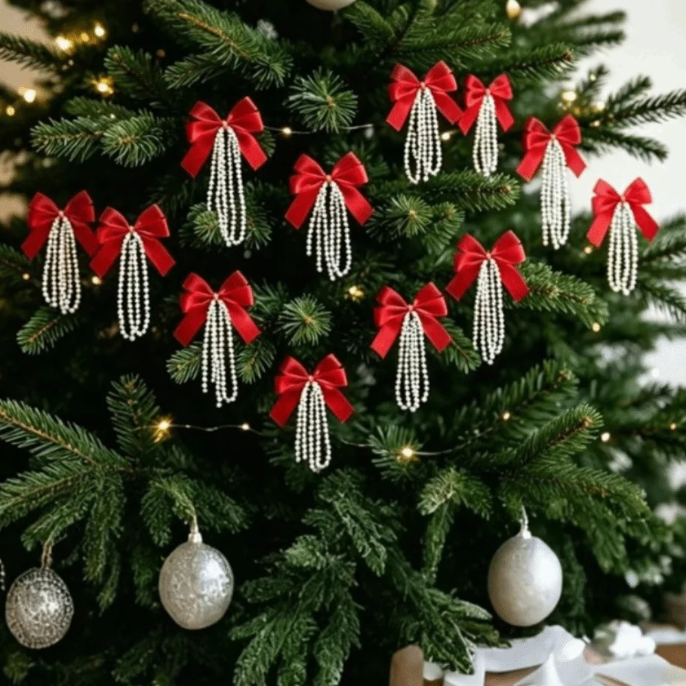 Gift Box Wrap Set - 12-teiliges Set Weihnachtsbaum-Schleifen im Vintage-Stil, rote